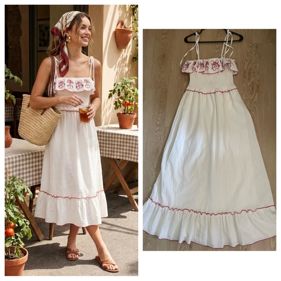 Thirty Thirty Dresses & Skirts - Embroidered Linen Midi Dress M Red White Countryside Cottage Classic Feminine
